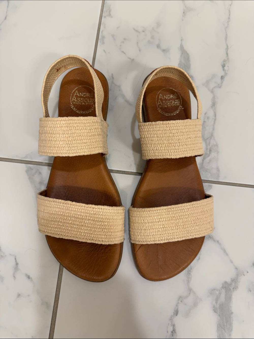 Andre Assous Tan Leather Sandals with Cream Woven Straps